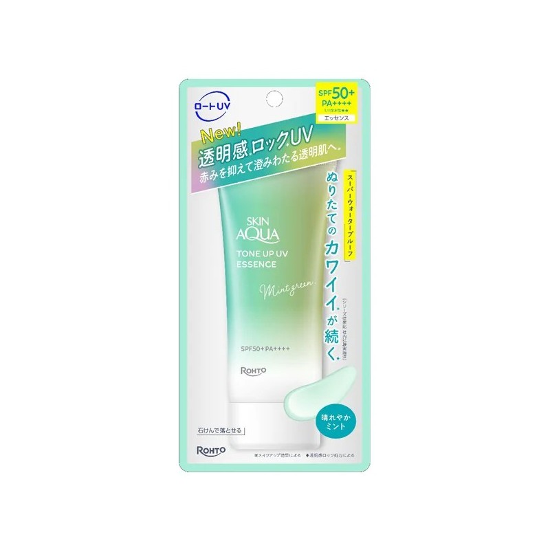 Rohto Skin Aqua Tone Up UV Essence Mint Green SPF50+ PA++++ | StoreJPN color-correcting sunscreen for face