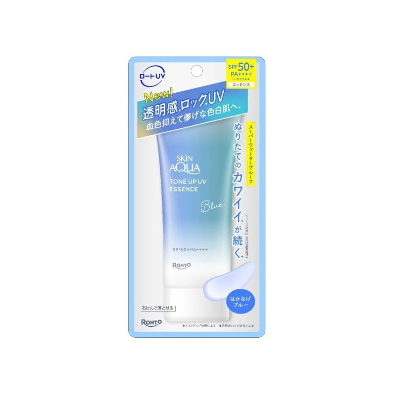 Rohto Skin Aqua Tone Up UV Essence Blue SPF50+ PA++++ | StoreJPN color-correcting sunscreen for face